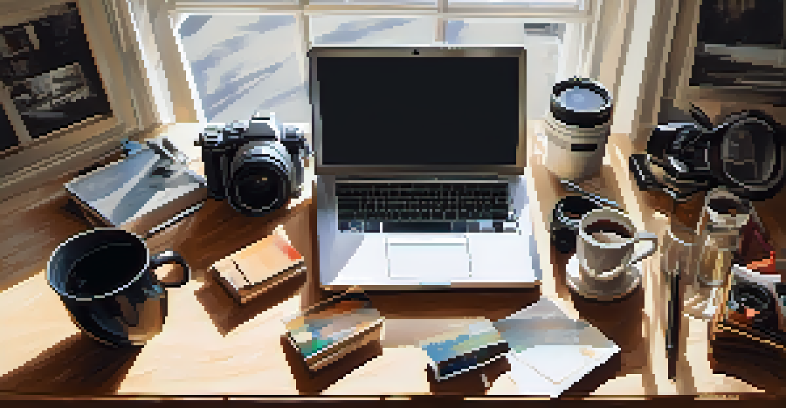 A photography workspace with a camera, laptop, and printed images on a wooden table, illuminated by natural light.