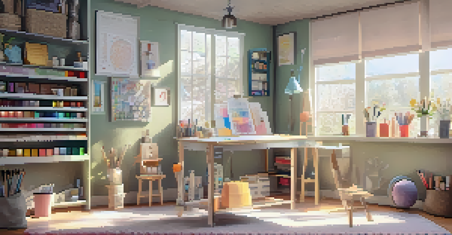 A creative corner with a pastel-colored pegboard filled with art tools, a small table with a sketchbook, and soft diffused light.