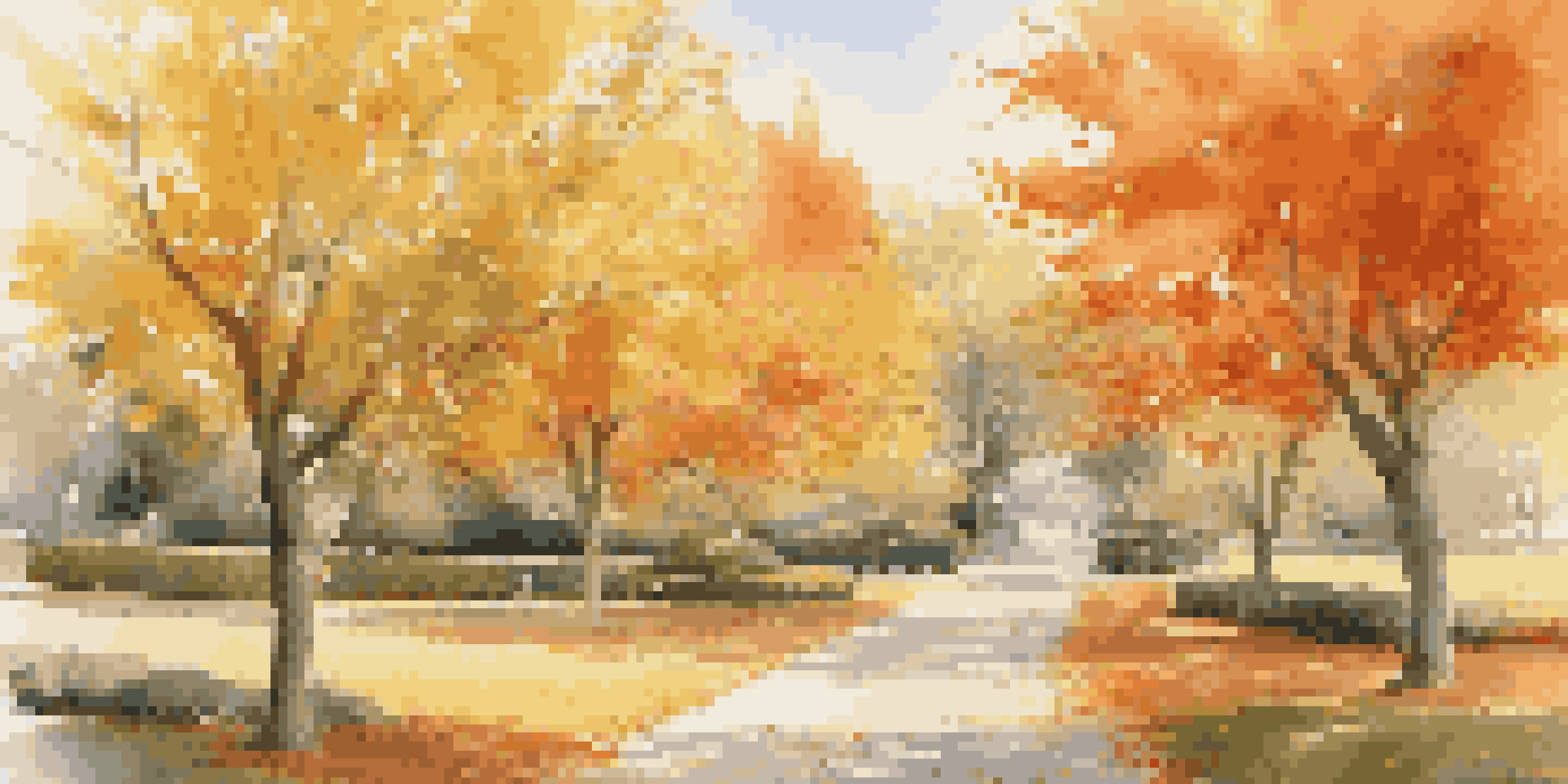 A picturesque autumn park with colorful leaves, a walking path, and sunlight streaming through the trees.