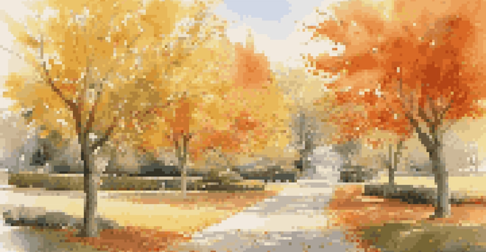 A picturesque autumn park with colorful leaves, a walking path, and sunlight streaming through the trees.