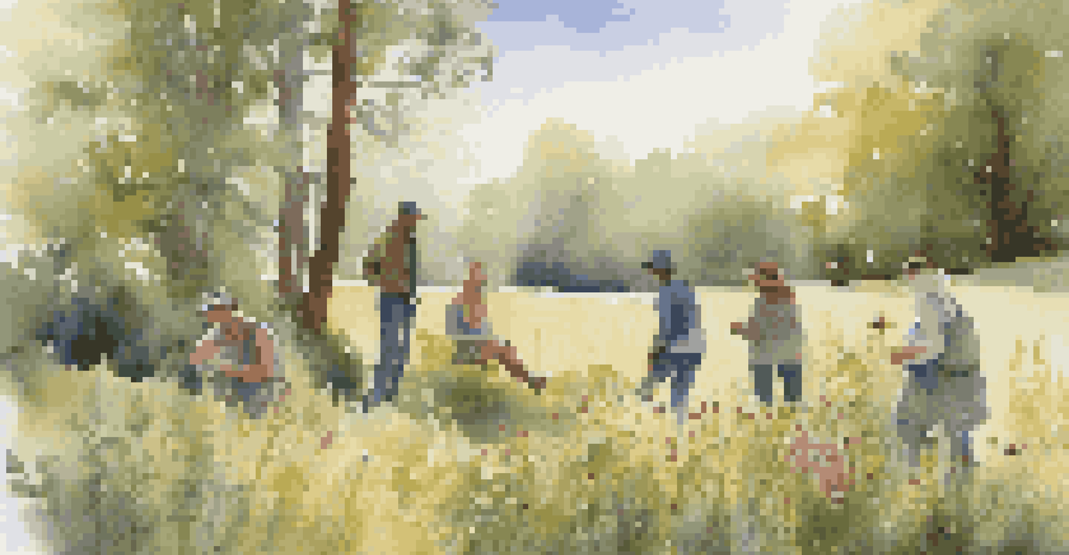 Friends foraging in a sunny meadow, sharing knowledge about plants, with wildflowers and greenery surrounding them.