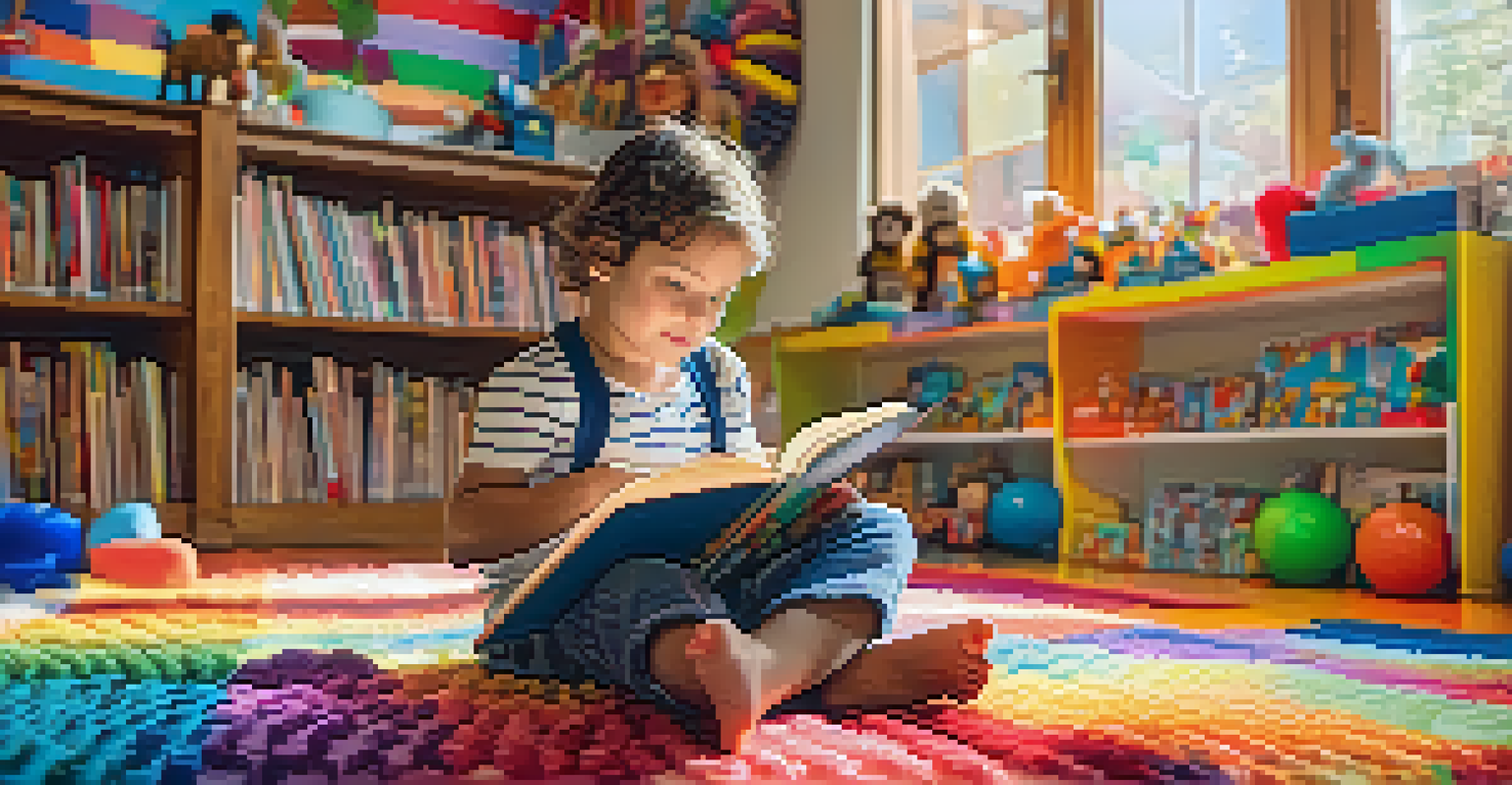 A child reading a picture book on a rug, with toys and books around them.