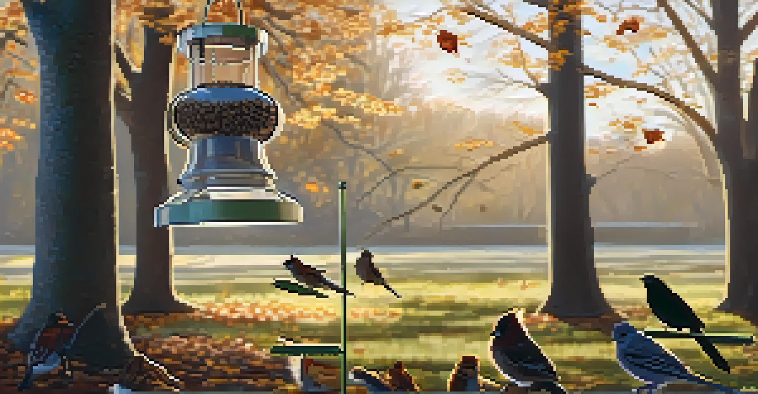 A close-up of a squirrel-proof bird feeder filled with seeds, with birds feeding nearby and a squirrel in the background.