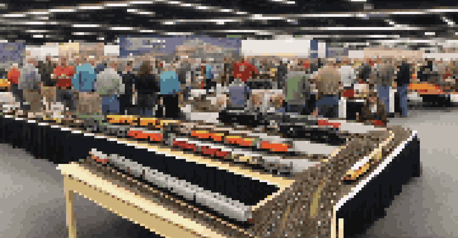 A lively train show with model railroad enthusiasts discussing layouts and showcasing products.