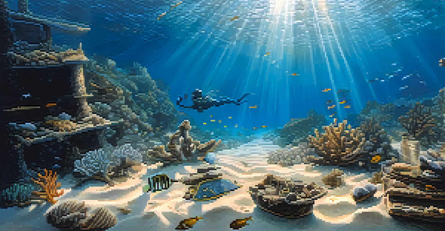 A group of divers studying artifacts on a shipwreck, surrounded by marine life and illuminated by sunlight.