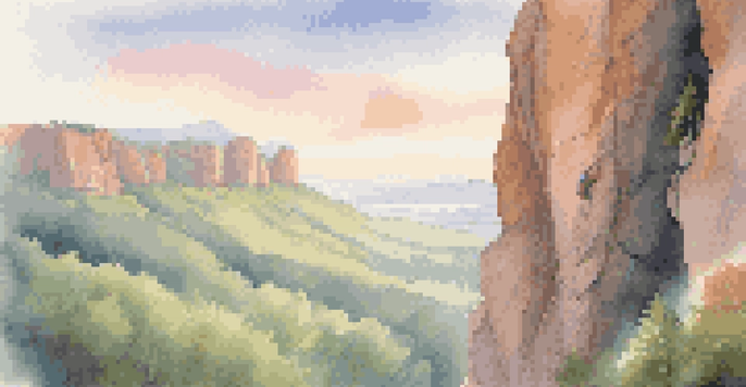 A climber climbing a granite cliff at dawn with soft morning light and a misty valley below.