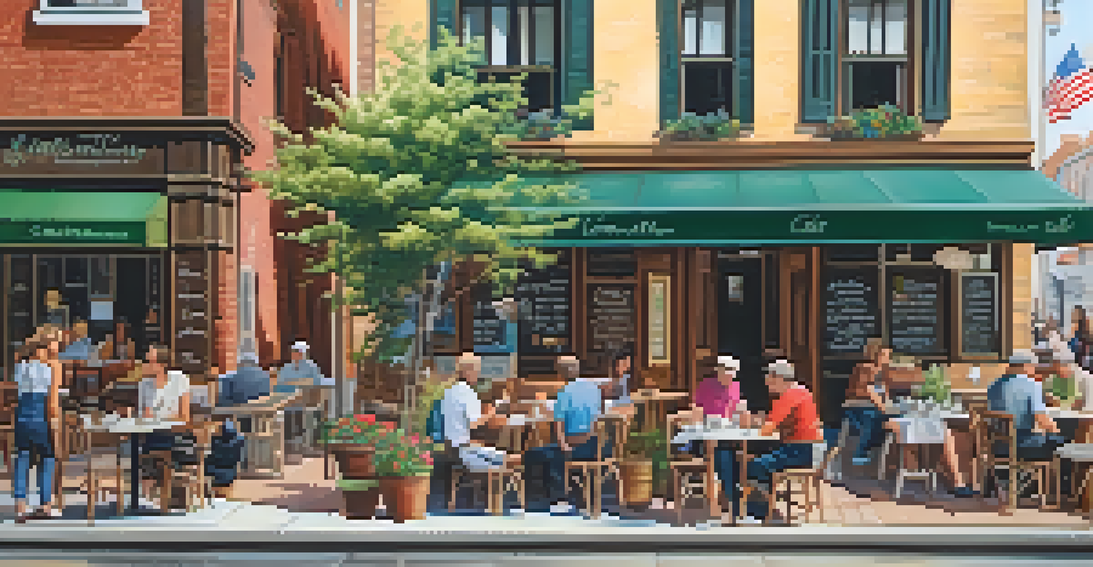 A cozy café with outdoor seating along a heritage trail, with locals enjoying coffee and historical buildings in the background.