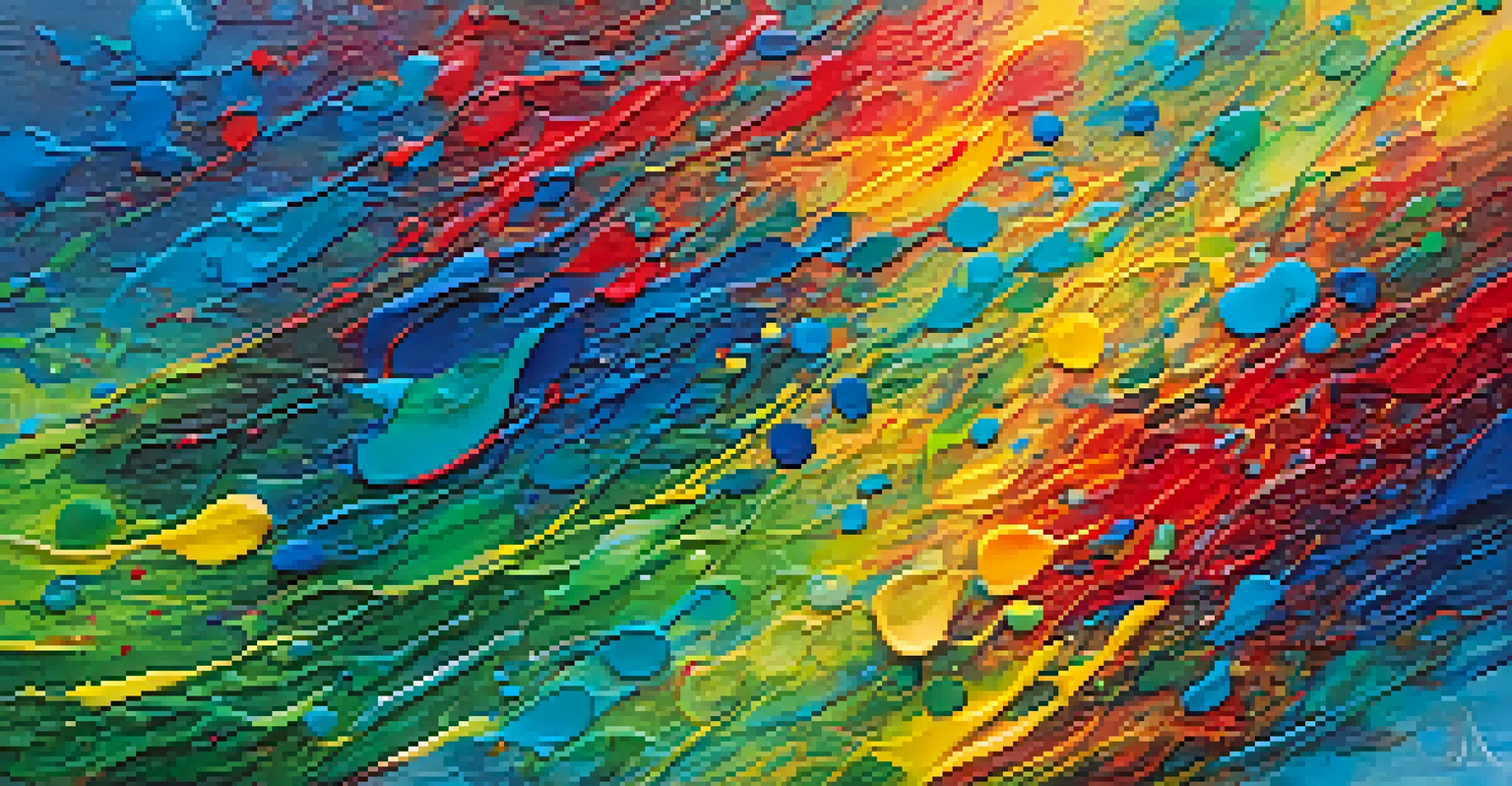 An abstract acrylic painting featuring bold colors and textures, with swirls of blue and green and splashes of yellow and red against a pastel background.
