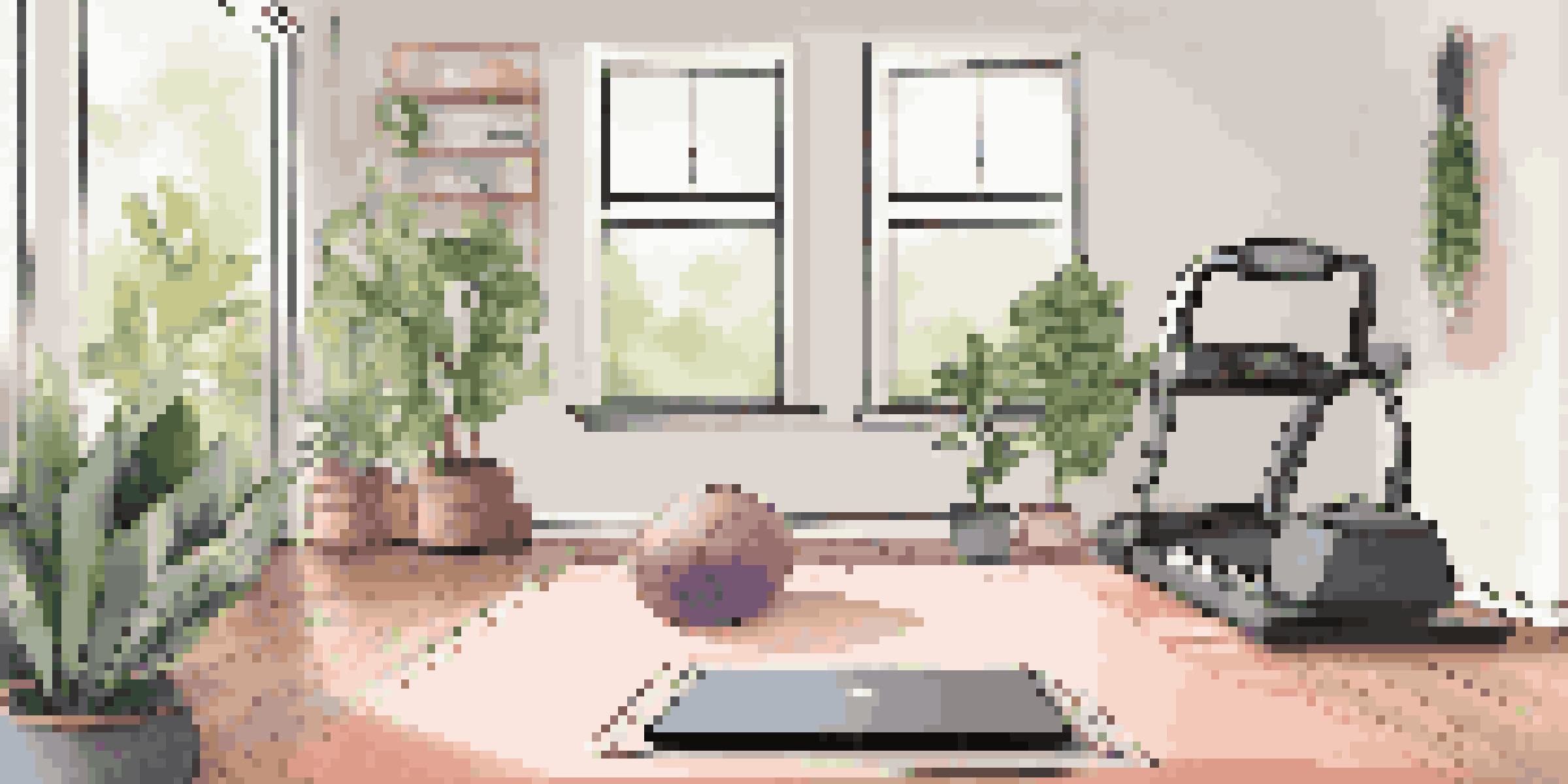 A home gym with a yoga mat and resistance bands, illuminated by natural light, showing a laptop with an online fitness program.