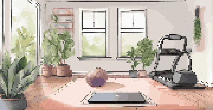 A home gym with a yoga mat and resistance bands, illuminated by natural light, showing a laptop with an online fitness program.