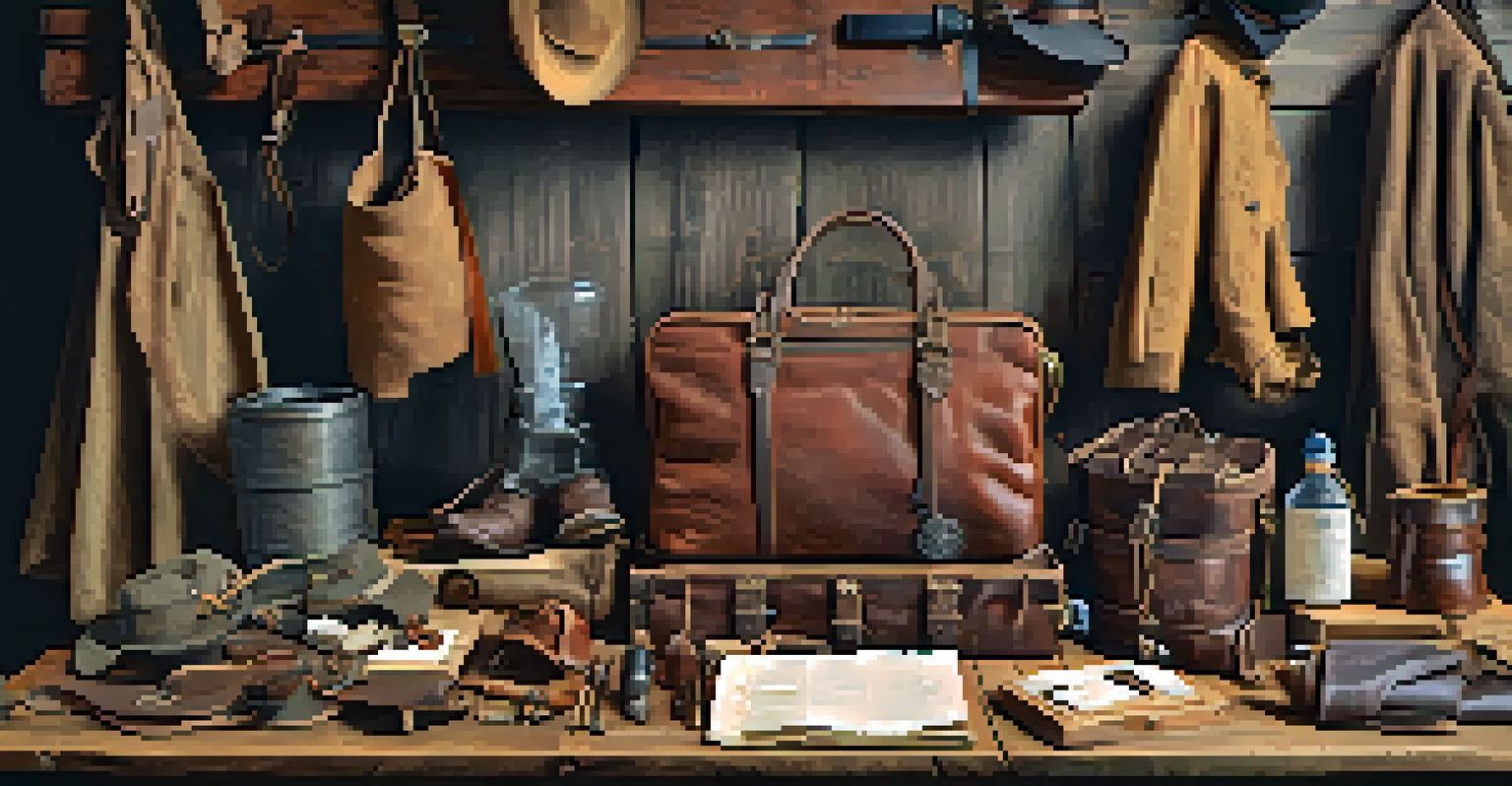 An organized setup of reenactment gear on a wooden table, including clothing, a water bottle, and historical props.