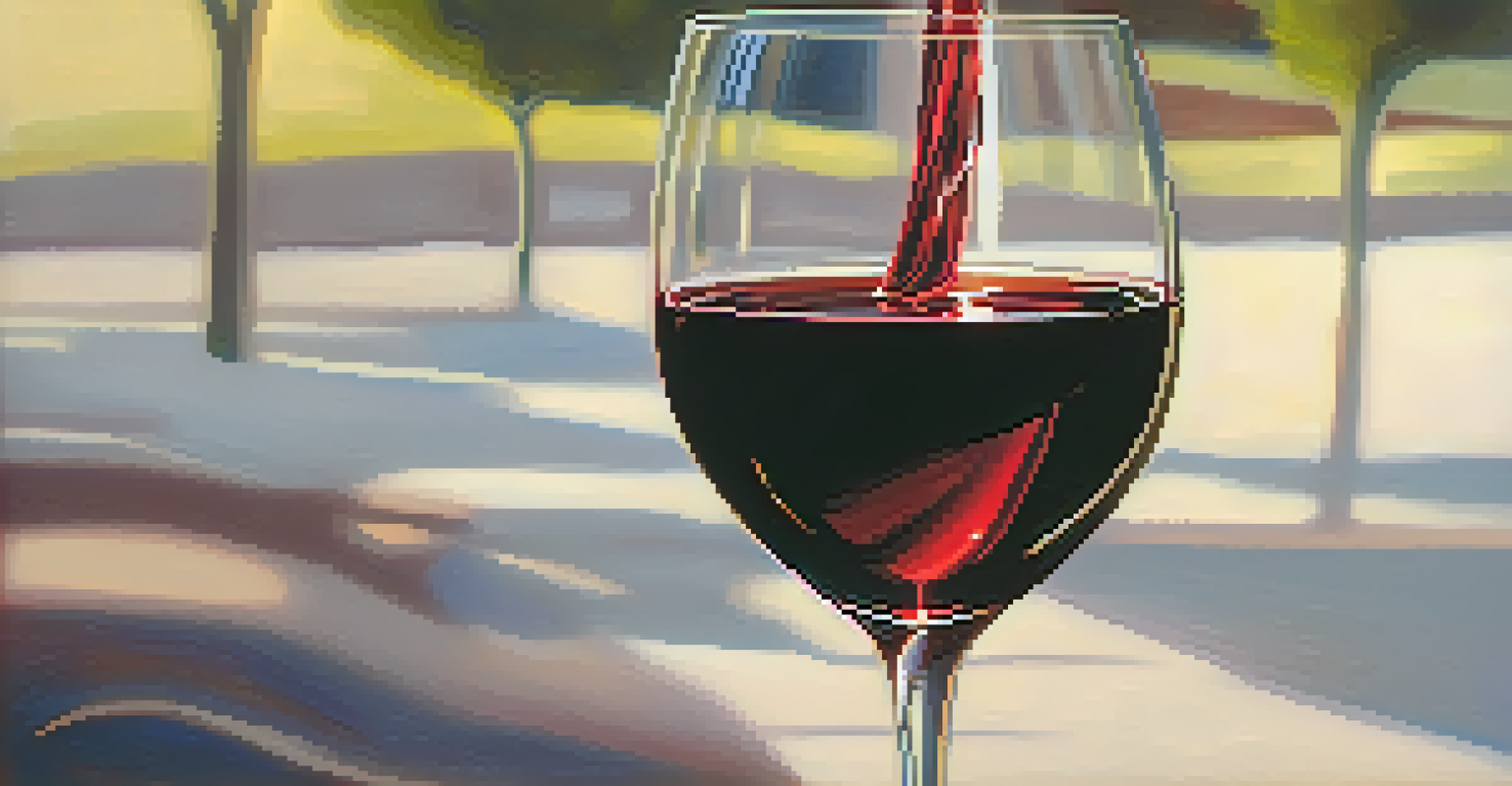 A close-up of a hand swirling a glass of red wine, with a blurred vineyard background and sunlight enhancing the wine's color.