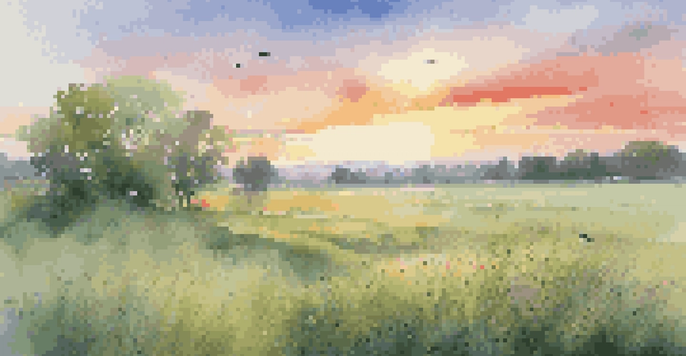 A vibrant sunrise illuminating a lush green field with dew-covered grass and colorful wildflowers, with birds flying in the sky.