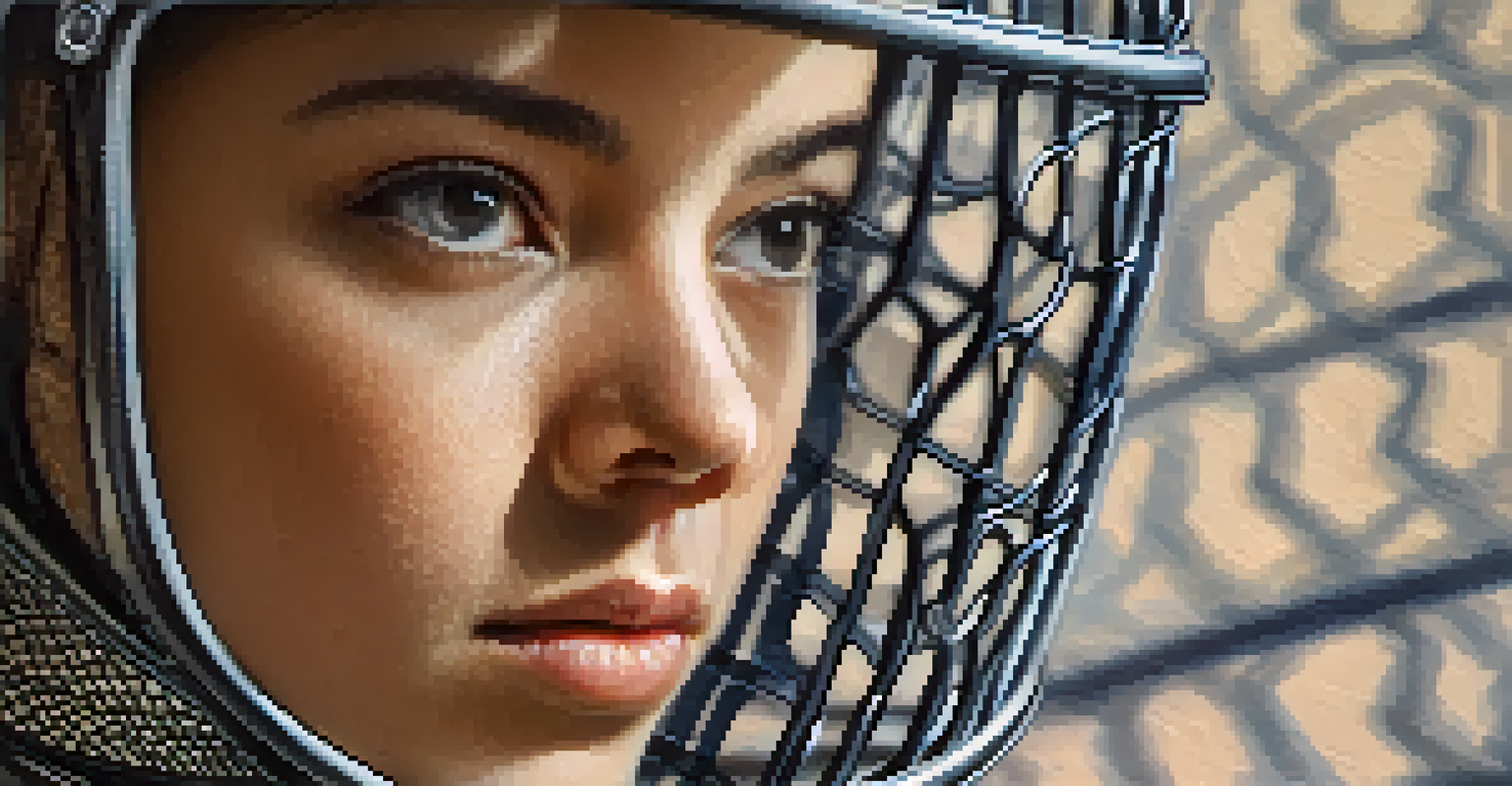 Close-up portrait of a determined young female fencer wearing a mask and fencing gear.