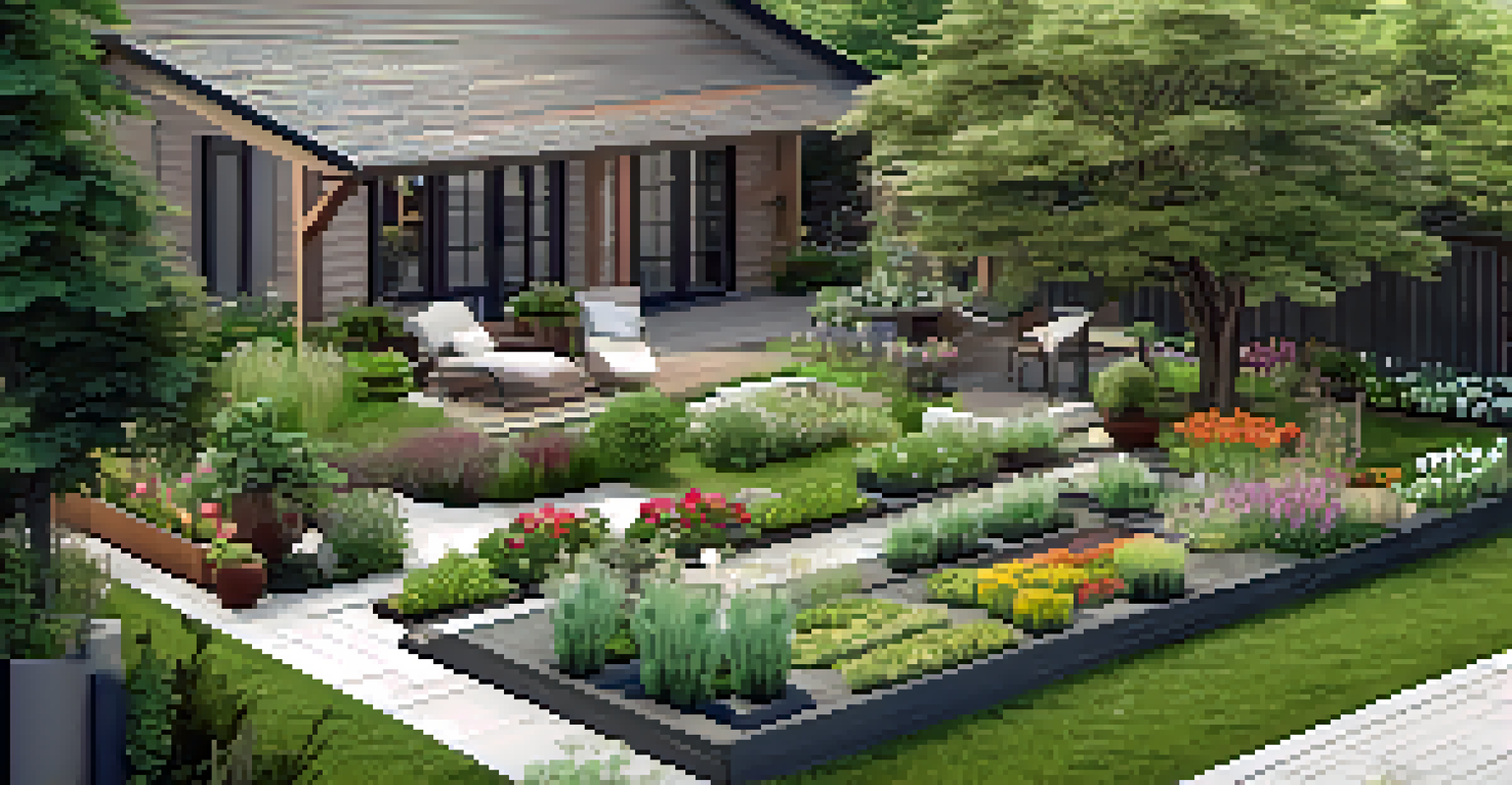 A digital interface showcasing a 3D sustainable garden layout with vegetables, herbs, and flowers against a home garden backdrop.