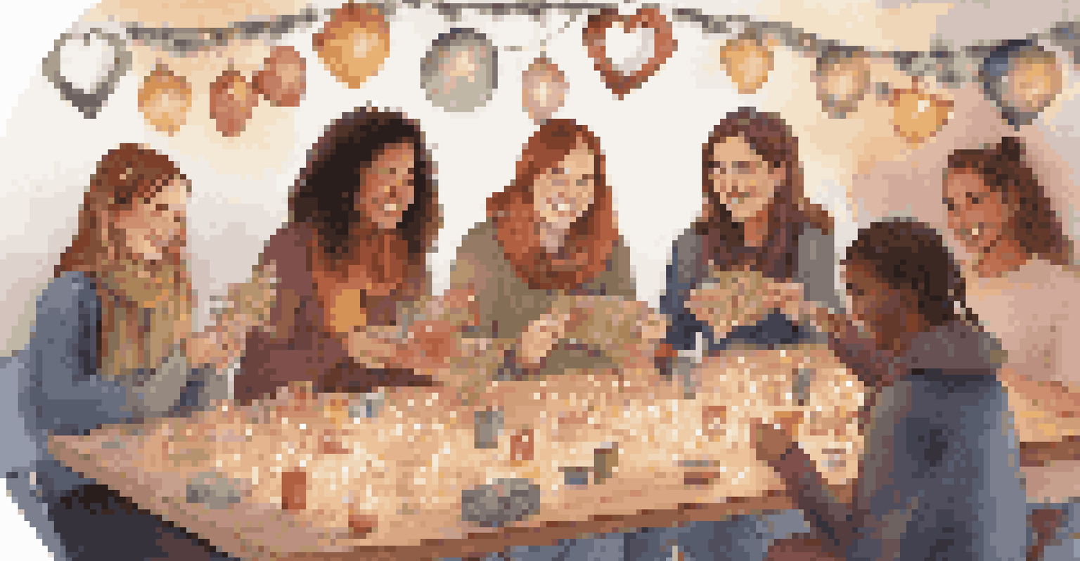 Friends celebrating their completed crafting projects, displaying colorful scarves and blankets in a beautifully decorated room.