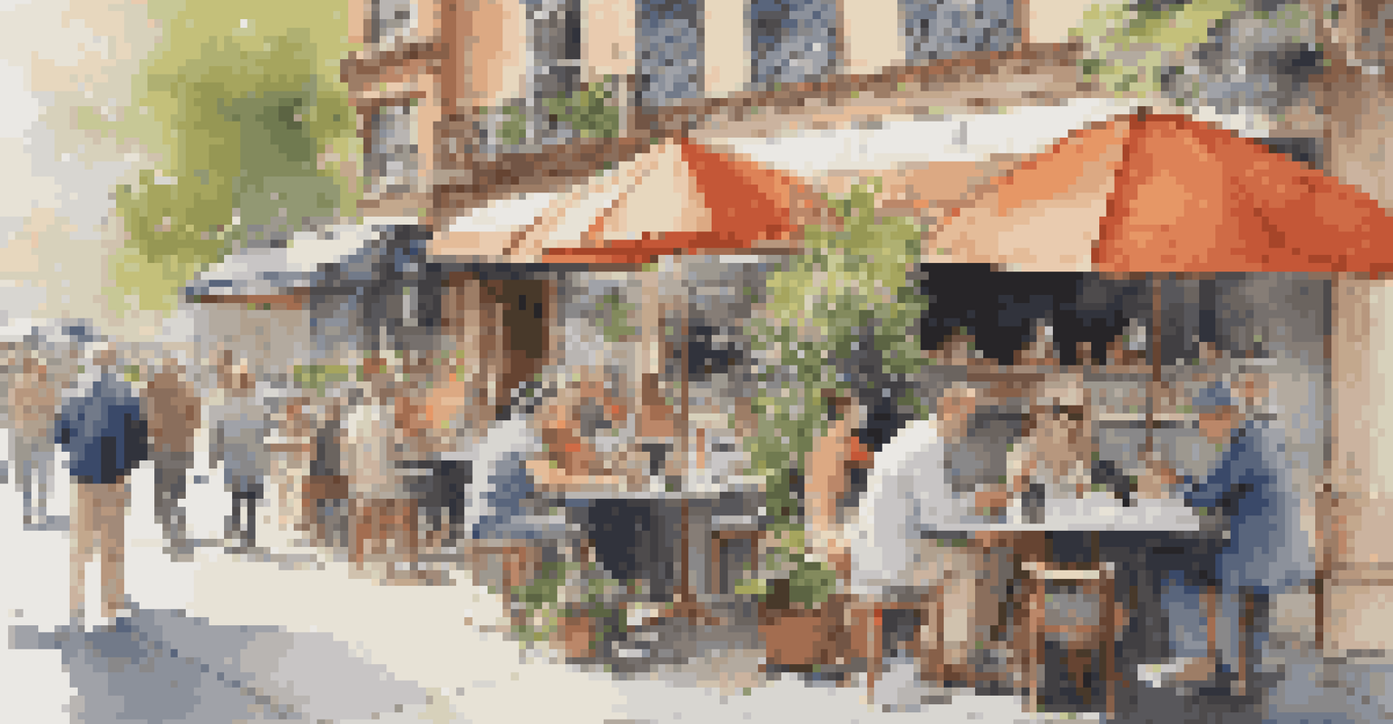A lively urban café with outdoor seating, colorful umbrellas, and people enjoying drinks.