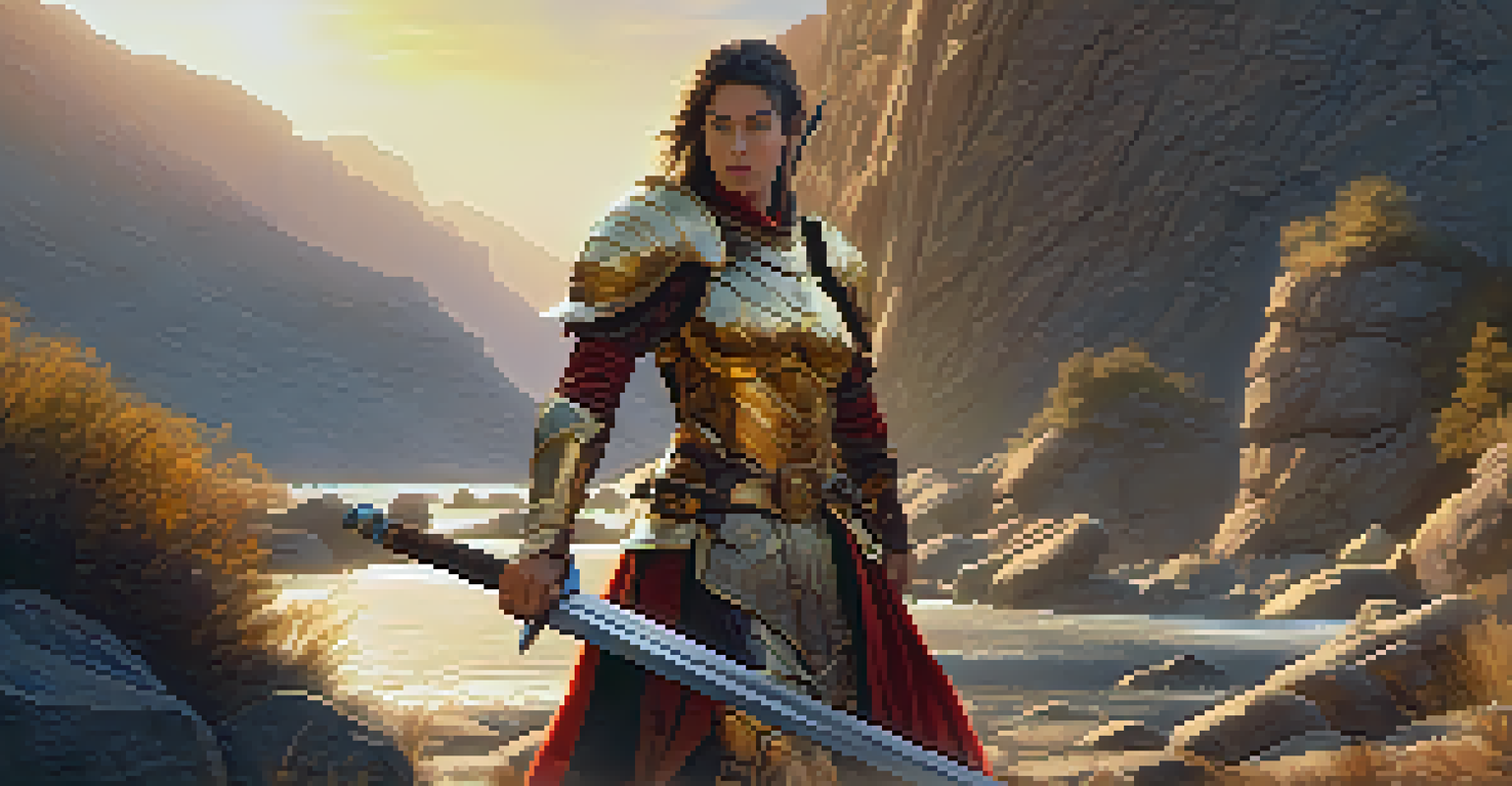 A warrior character in armor holding a sword in a rocky landscape during sunset, with dramatic lighting enhancing the scene.