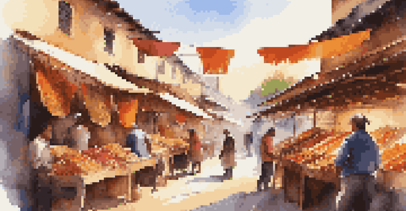 A bustling local market with artisans selling handmade leather goods, colorful banners and warm sunlight creating a vibrant atmosphere.