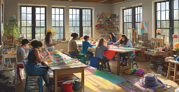 A diverse group of people working together in a bright crafting workshop, surrounded by colorful materials and tools.