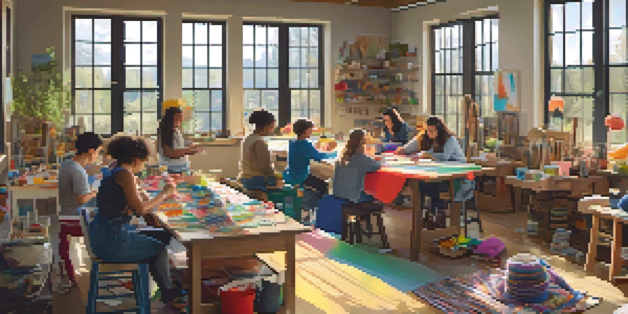 A diverse group of people working together in a bright crafting workshop, surrounded by colorful materials and tools.