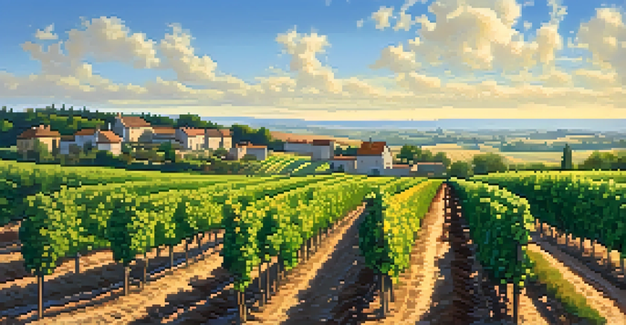 A scenic vineyard in Burgundy with green grapevines under blue sky and morning sunlight.