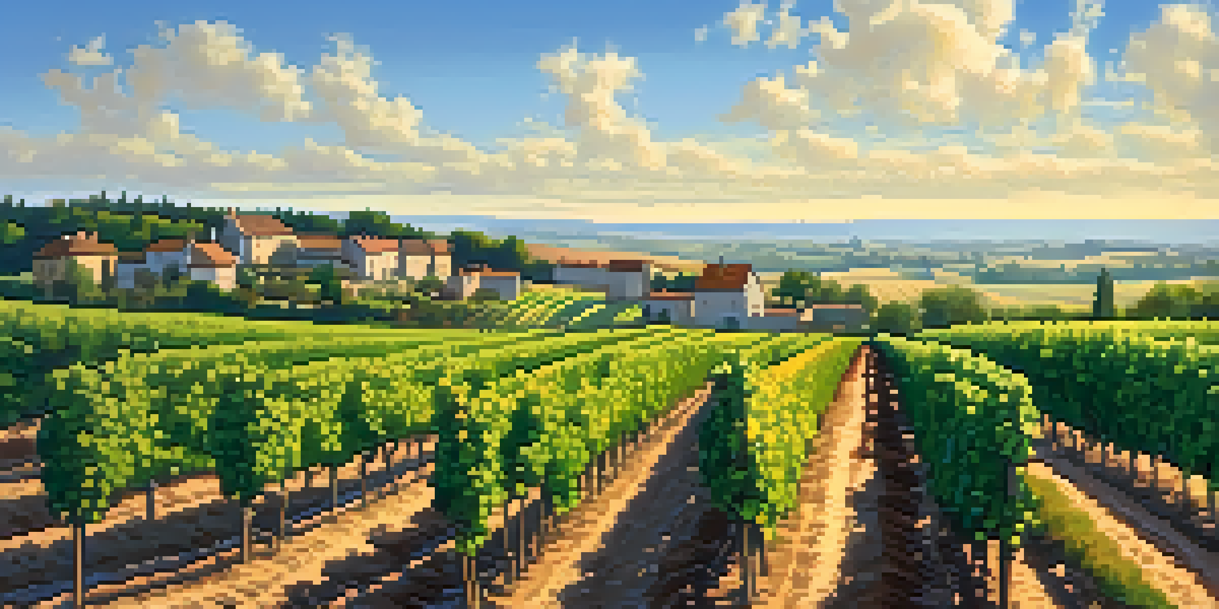 A scenic vineyard in Burgundy with green grapevines under blue sky and morning sunlight.