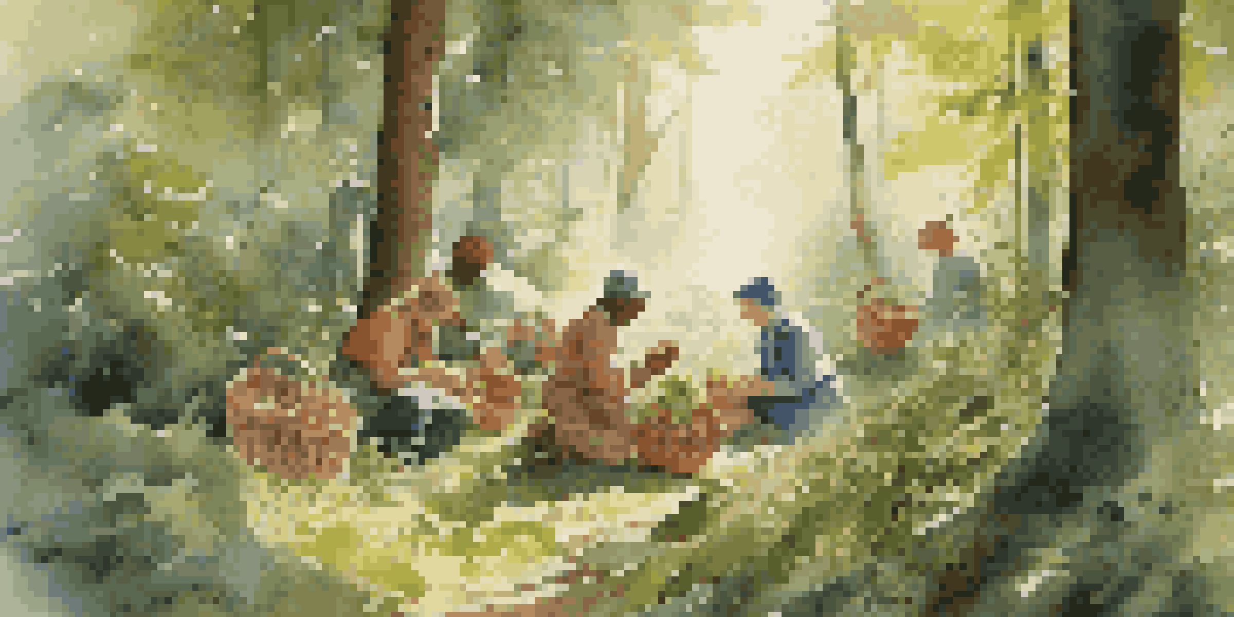 A diverse group of people foraging in a sunlit forest, collecting wild herbs and mushrooms in wicker baskets.
