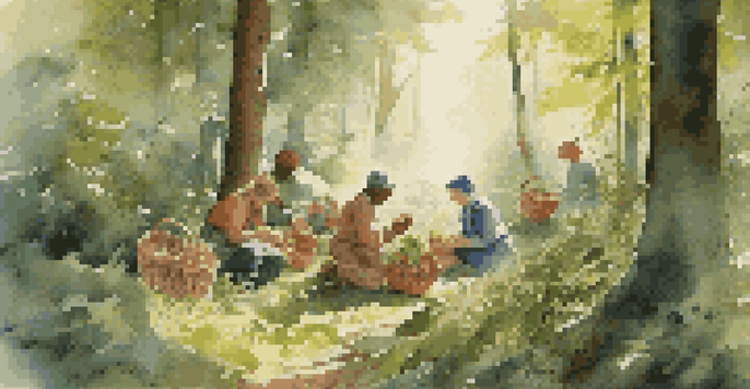 A diverse group of people foraging in a sunlit forest, collecting wild herbs and mushrooms in wicker baskets.
