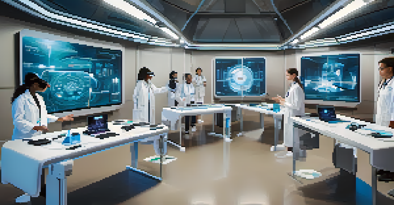 A group of diverse medical trainees collaborating in a high-tech virtual reality training facility, engaged in various medical simulations.