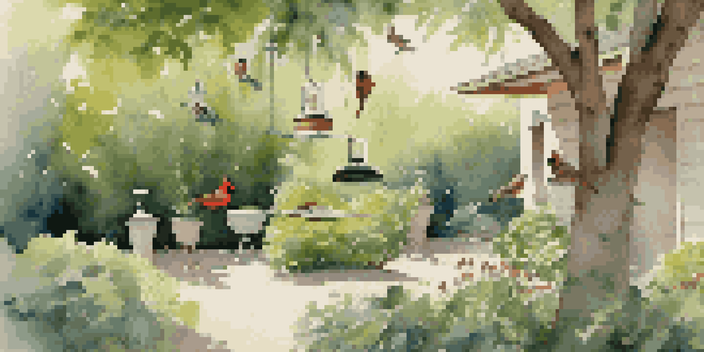 A backyard with various bird feeders surrounded by greenery, attracting different species of birds under soft sunlight.