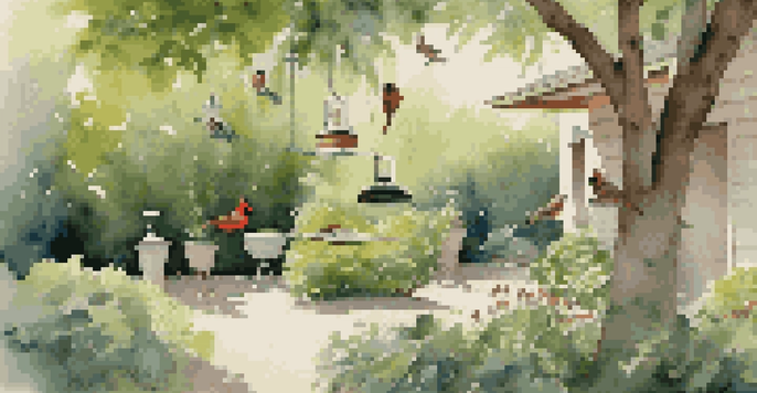 A backyard with various bird feeders surrounded by greenery, attracting different species of birds under soft sunlight.