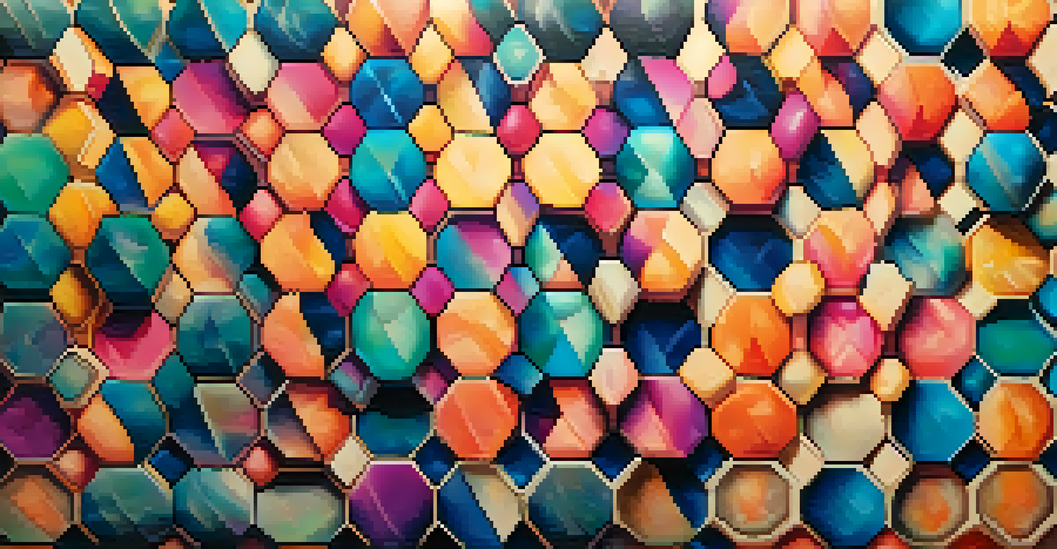 An artistic geometric tattoo design on canvas, displaying colorful hexagons and spirals against a softly gradient background.