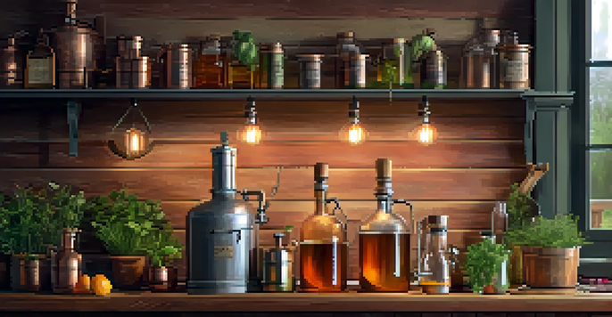 A cozy kitchen with a copper still and jars of herbs and fruits, illuminated by soft warm light.