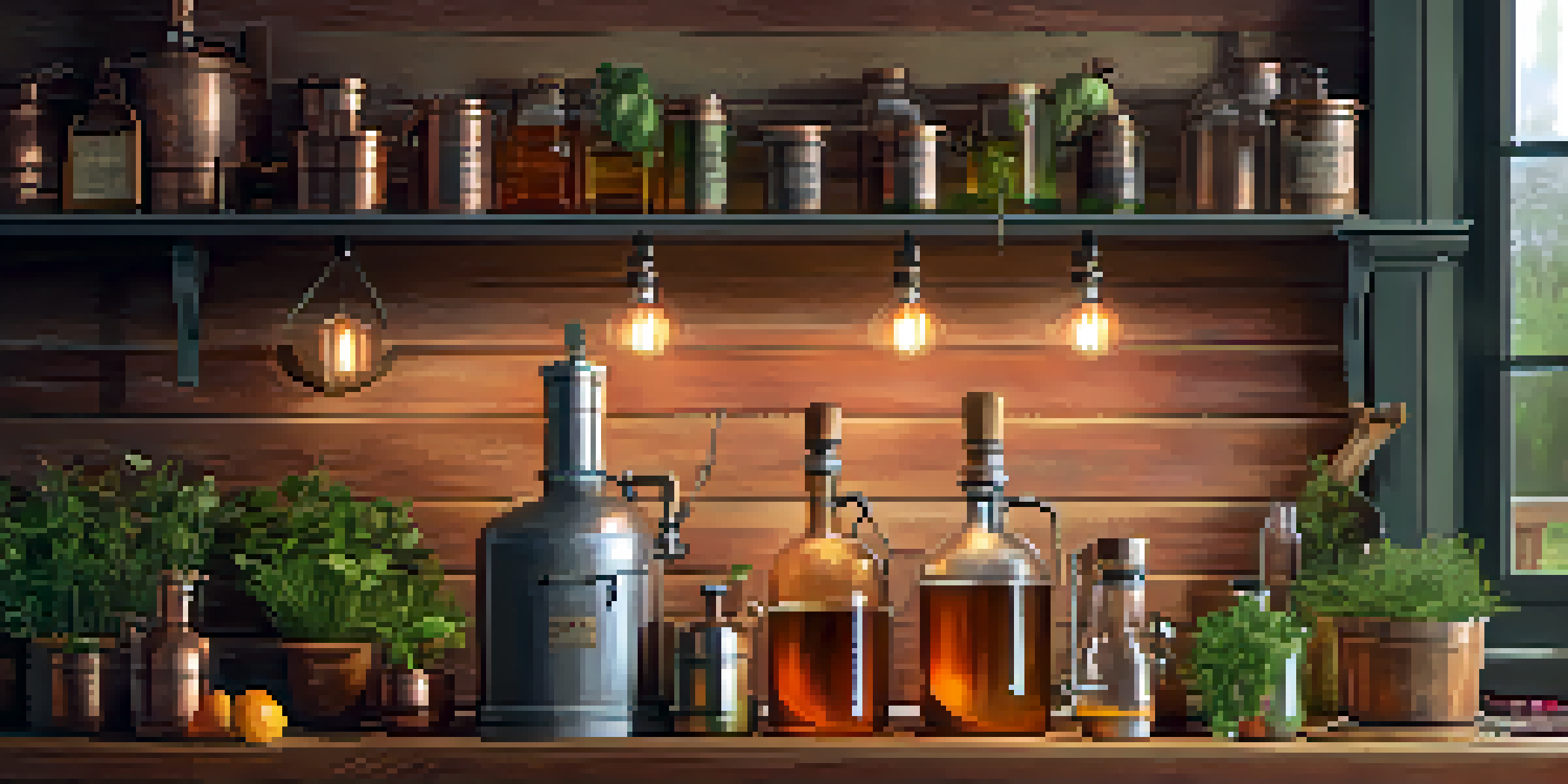 A cozy kitchen with a copper still and jars of herbs and fruits, illuminated by soft warm light.
