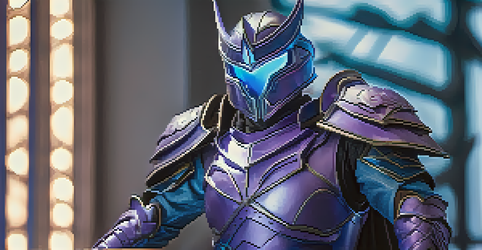 A cosplayer displays a fantasy video game costume in a studio with dramatic lighting.