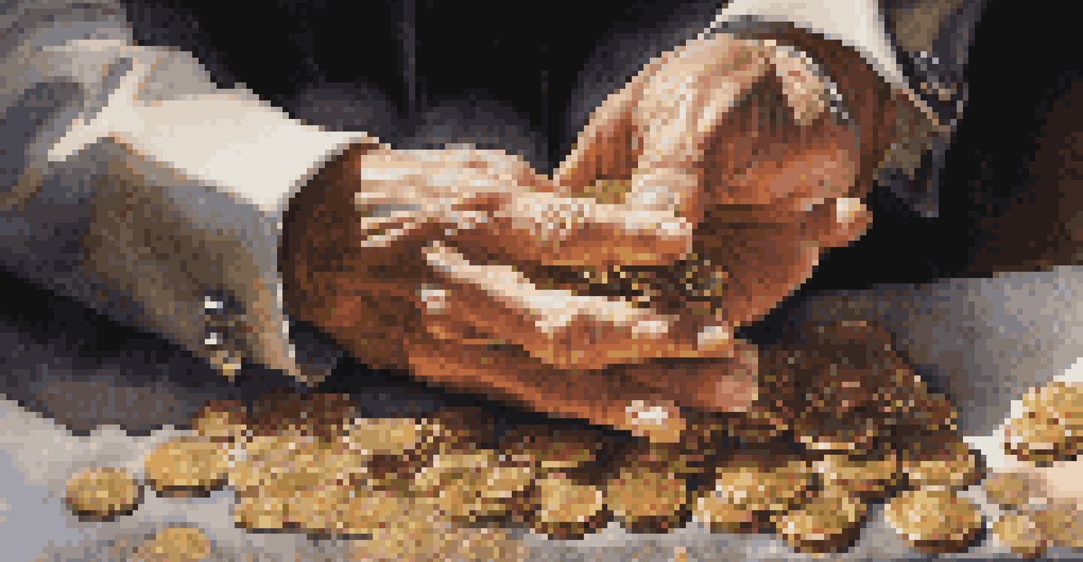 Close-up of a magician's hands performing sleight of hand with shiny coins.