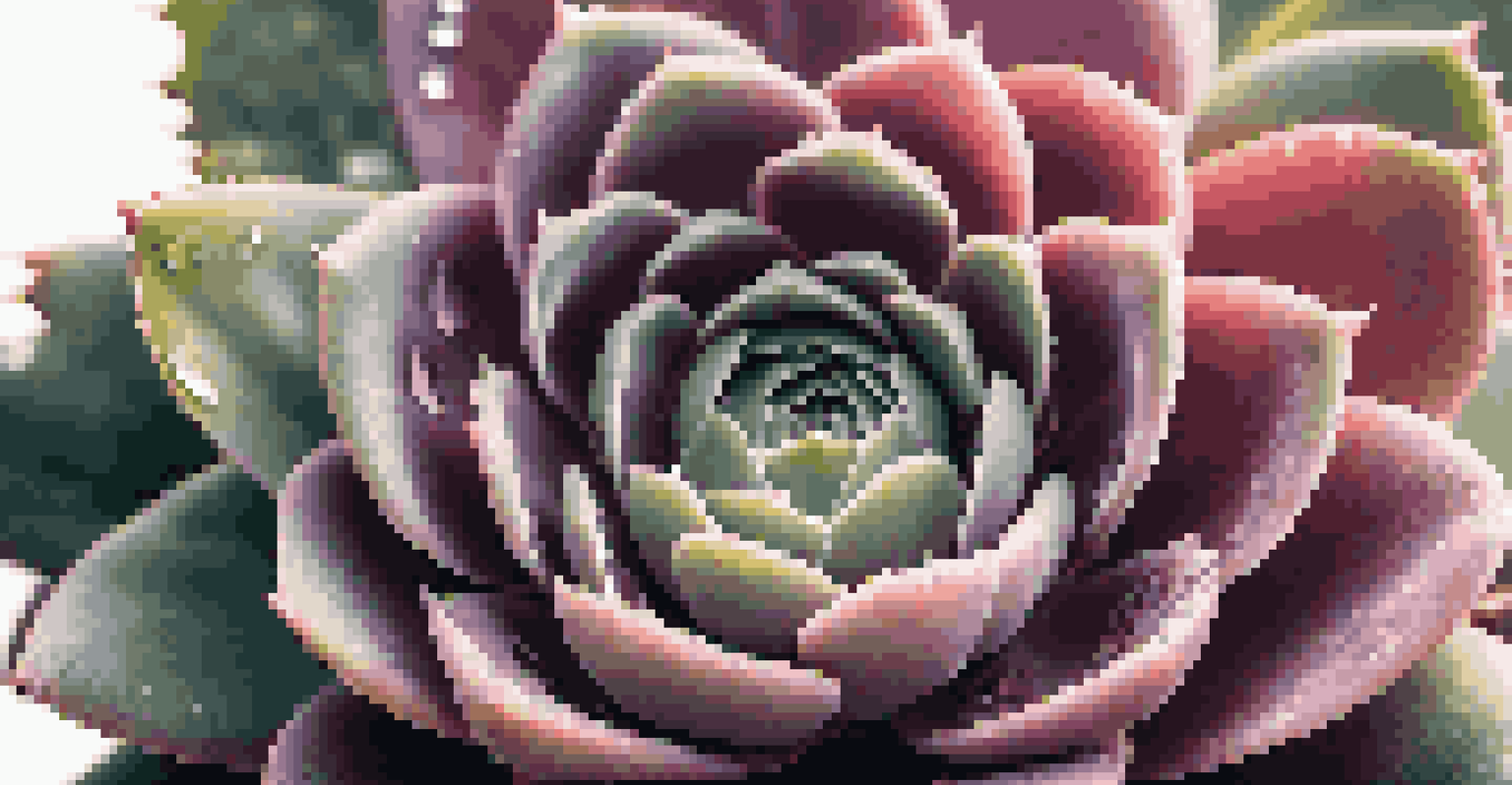 A detailed close-up of an Echeveria succulent with dew on its leaves, surrounded by a softly blurred background.