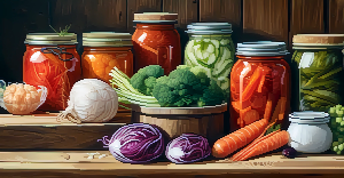 An assortment of colorful fermented foods including kimchi, sauerkraut, and pickled vegetables on a rustic wooden table.
