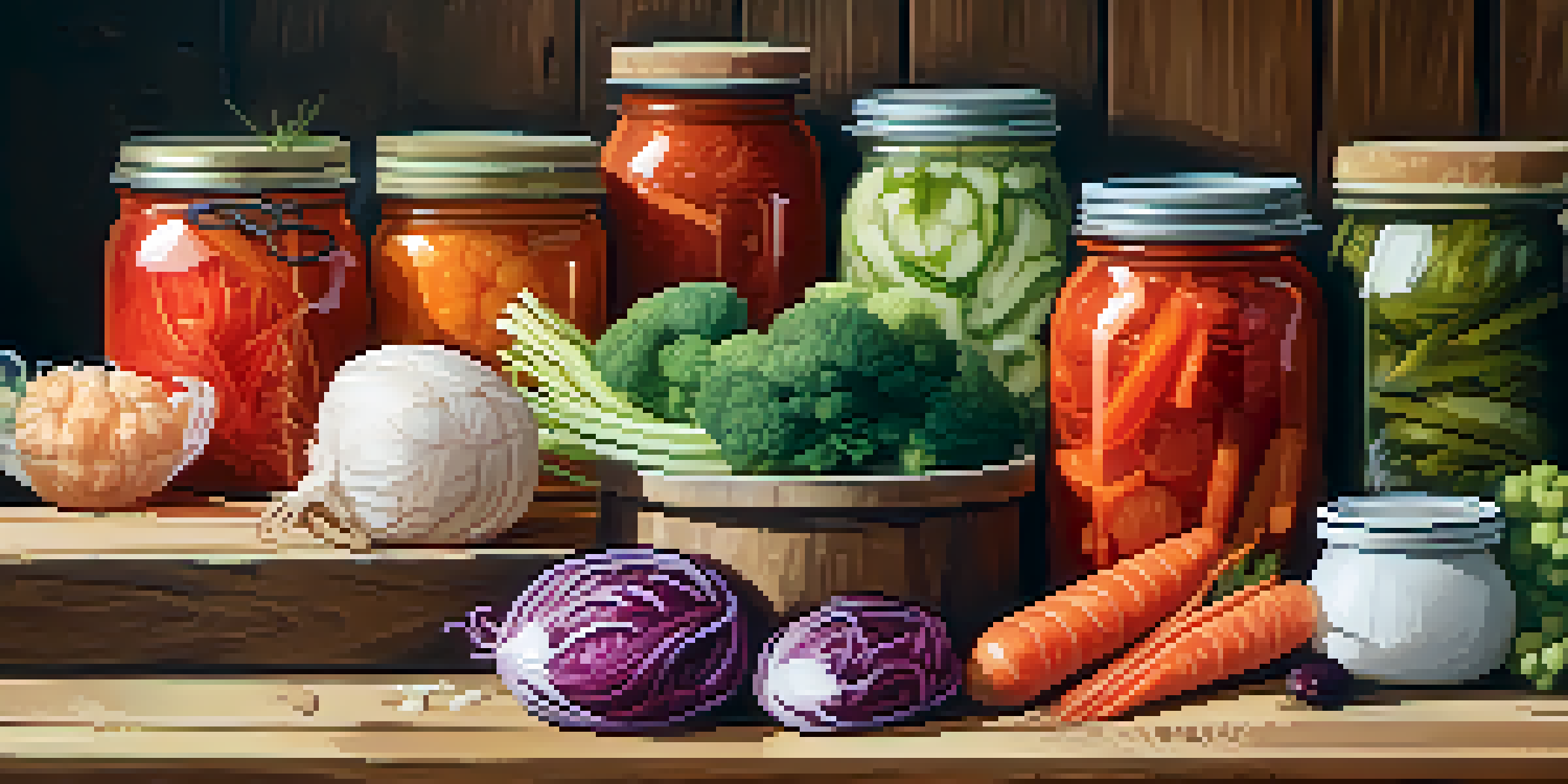 An assortment of colorful fermented foods including kimchi, sauerkraut, and pickled vegetables on a rustic wooden table.