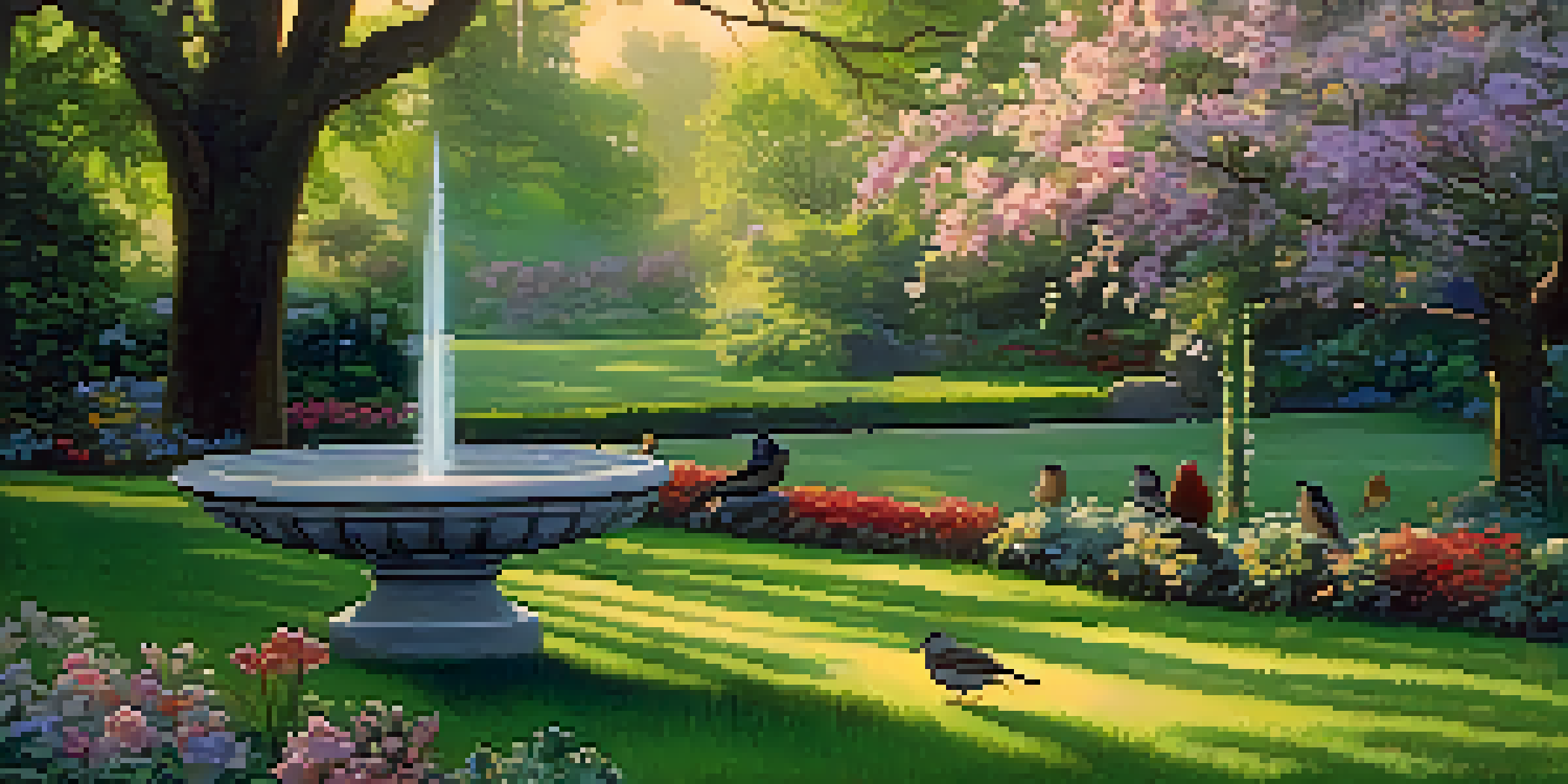 A peaceful park in the morning with various birds foraging among flowers and trees, illuminated by soft golden light.