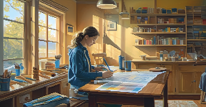 A person examining blueprints on a wooden table, surrounded by renovation tools and paint samples with warm lighting.