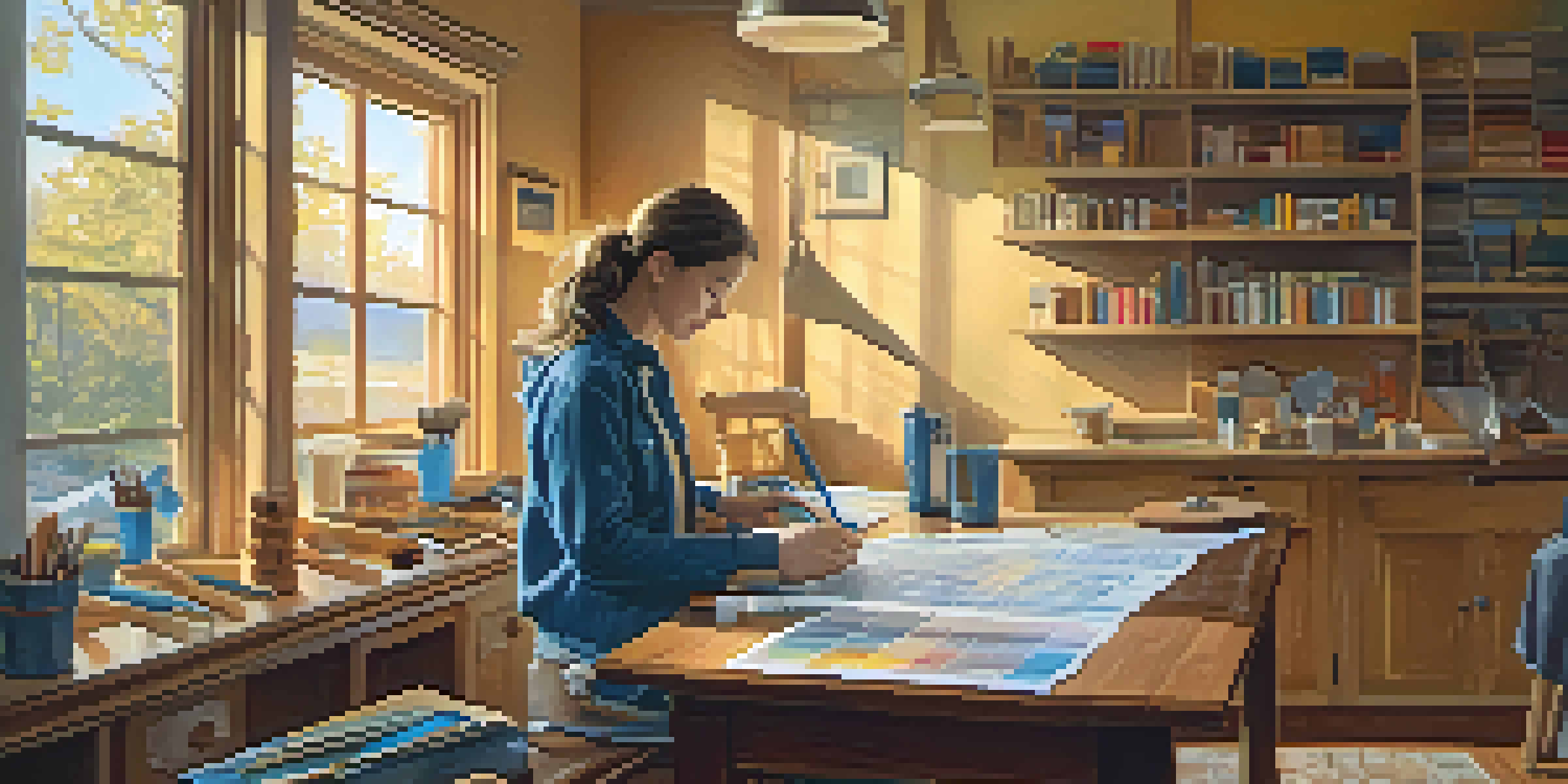 A person examining blueprints on a wooden table, surrounded by renovation tools and paint samples with warm lighting.