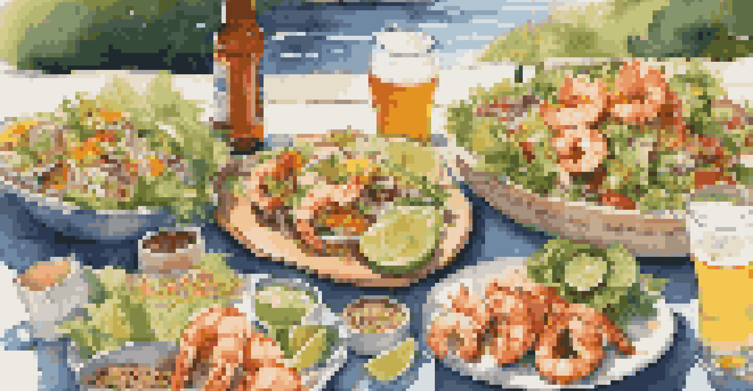 A summer picnic featuring fresh salads, shrimp salad, grilled fish tacos, and lighter beers, all in a bright and sunny outdoor setting.
