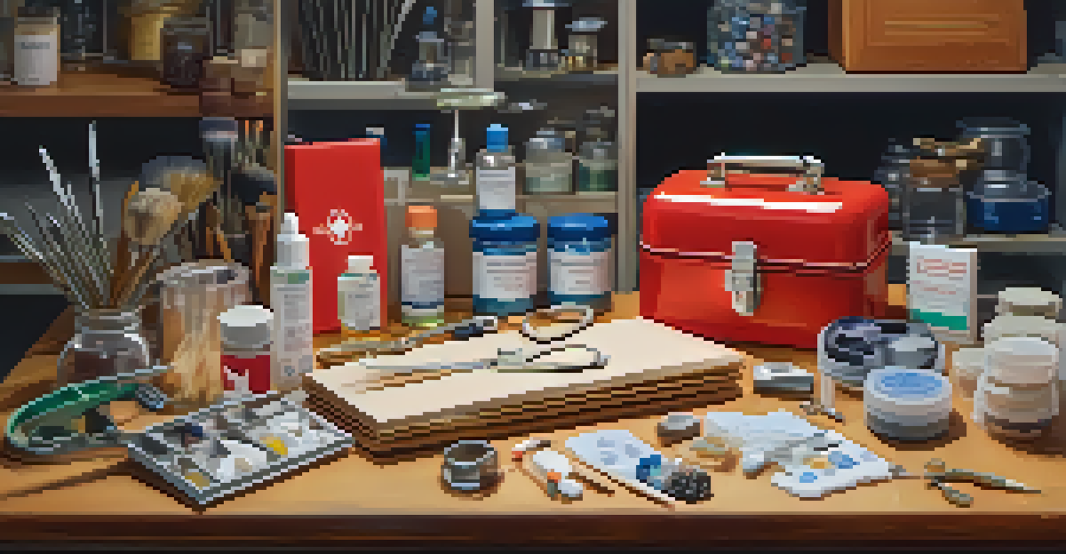 A first aid kit on a jewelry making table next to tools, illustrating emergency preparedness in a crafting environment.