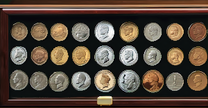 A wooden display case showcasing an organized collection of coins with natural lighting highlighting their details.