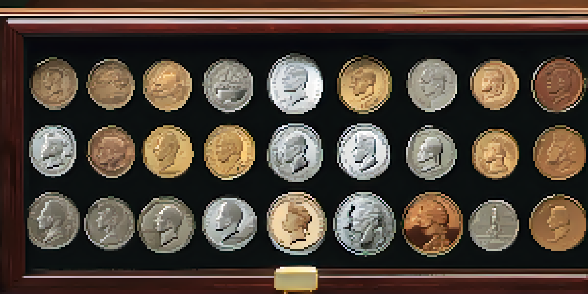 A wooden display case showcasing an organized collection of coins with natural lighting highlighting their details.