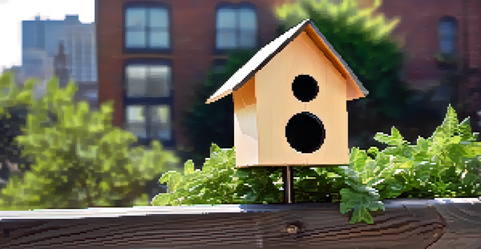 A modern birdhouse made of reclaimed wood mounted on a fence, surrounded by greenery and city buildings, illuminated by soft sunlight.