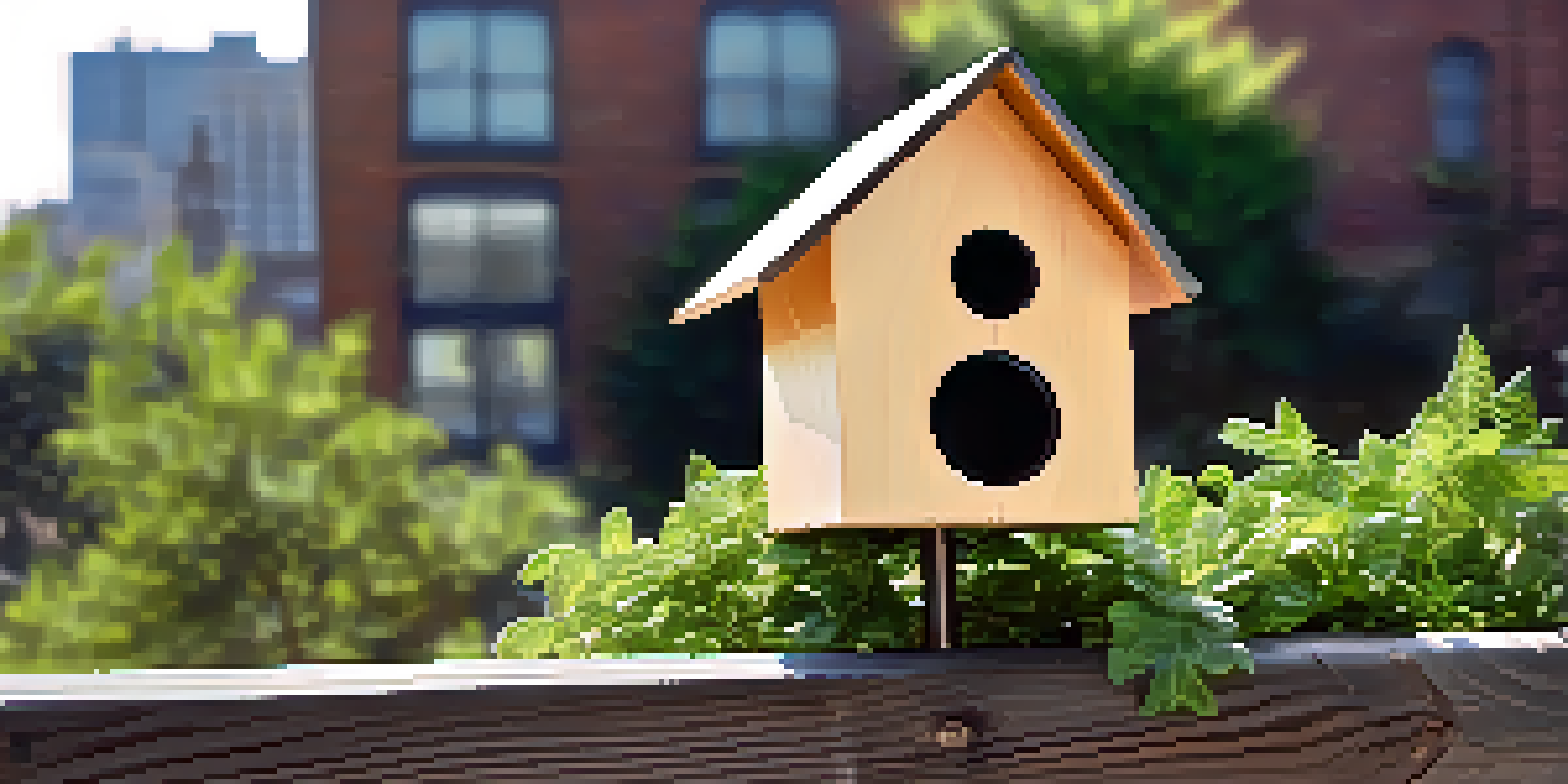 A modern birdhouse made of reclaimed wood mounted on a fence, surrounded by greenery and city buildings, illuminated by soft sunlight.