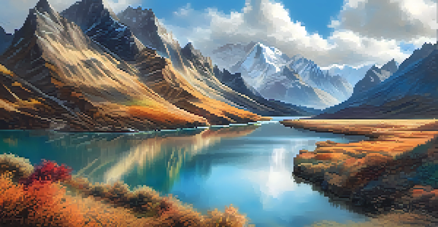 A digital landscape artwork showcasing mountains, rivers, and clouds with intricate textures and vibrant colors.